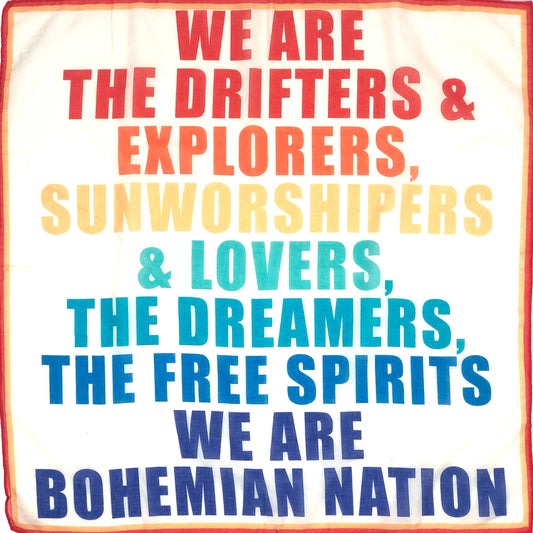 Multicolor motto bandana, graphic verbiage, drifters, explorers, sun worshipers, lovers, dreamers,free spirits.bohemian style,perfect accessory,seasonless ,headscarf,wristlet,perfect zoom accessory