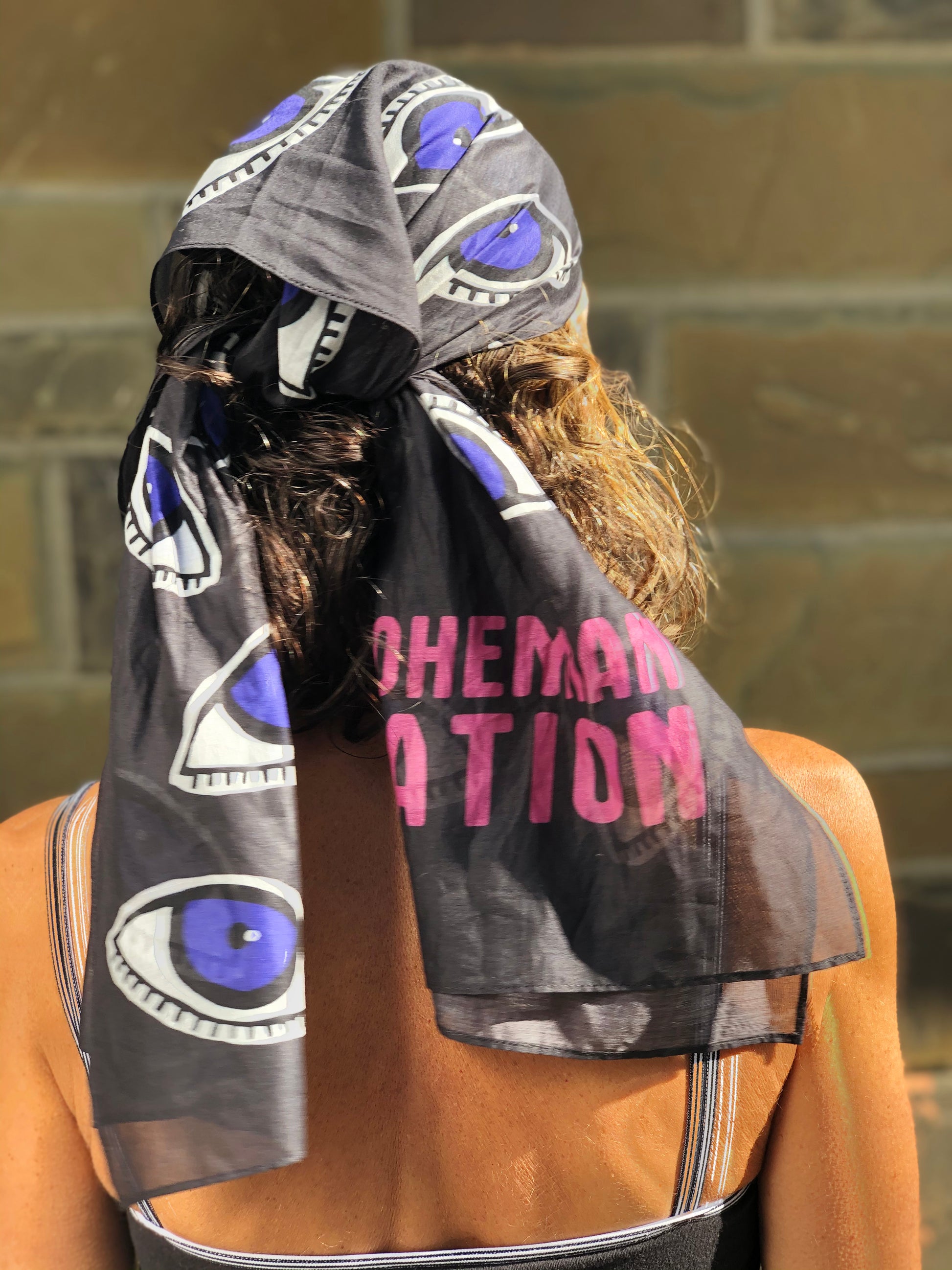 Bohemian nation scarf, love me 2 times collection, super soft lightweight cotton , graphic all over evil eye (MATI) pattern, to warn of evil. Wear it as a headscarf, neck scarf facemask, dress, swim covering, must have accessory, live love bohemian nation