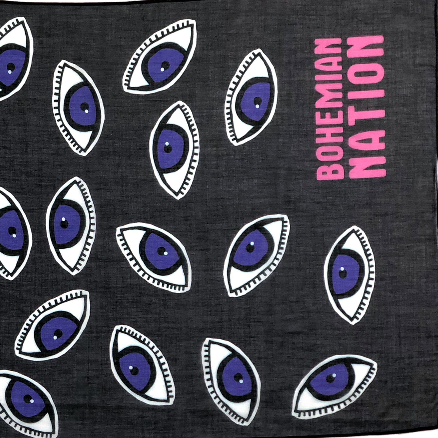 Bohemian nation scarf, love me 2 times collection, super soft lightweight cotton , graphic all over evil eye (MATI) pattern, to warn of evil. Wear it as a headscarf, neck scarf facemask, dress, swim covering, must have accessory, live love bohemian nation