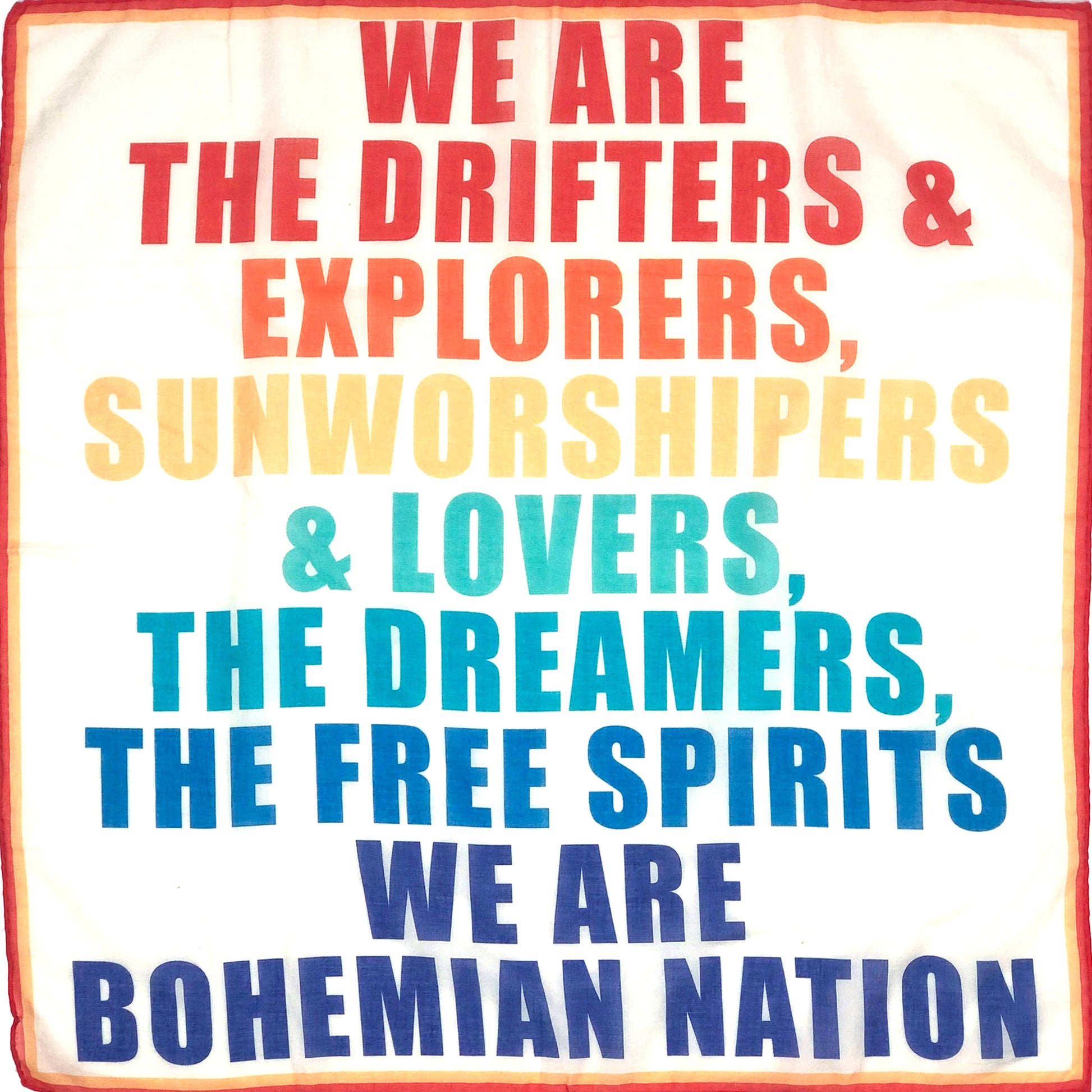 Multicolor motto bandana, graphic verbiage, drifters, explorers, sun worshipers, lovers, dreamers,free spirits.bohemian style,perfect accessory,seasonless ,headscarf,wristlet,perfect zoom accessory